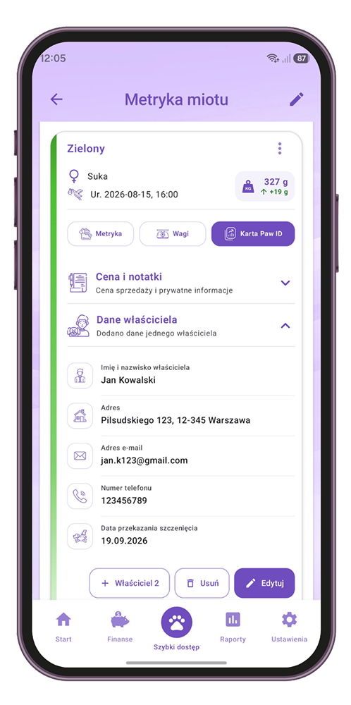 Odbiór szczeniaka od hodowcy – dane kupującego i cena sprzedaży szczenięcia w Paw Managerze