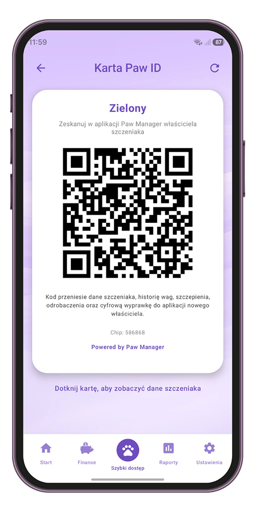 Kod QR Paw ID do przekazania danych szczeniaka nowemu właścicielowi